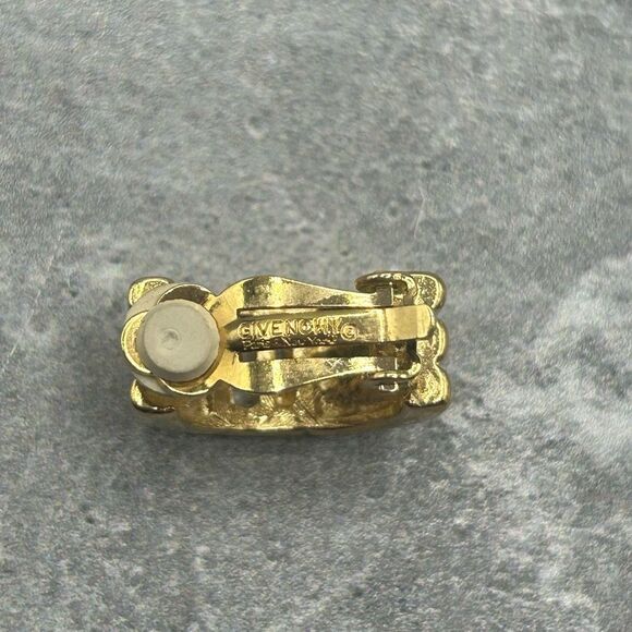 Givenchy Gold Tone Half Hoops Clip On Earrings Rhinestones Elegant G Logo - Picture 4 of 9